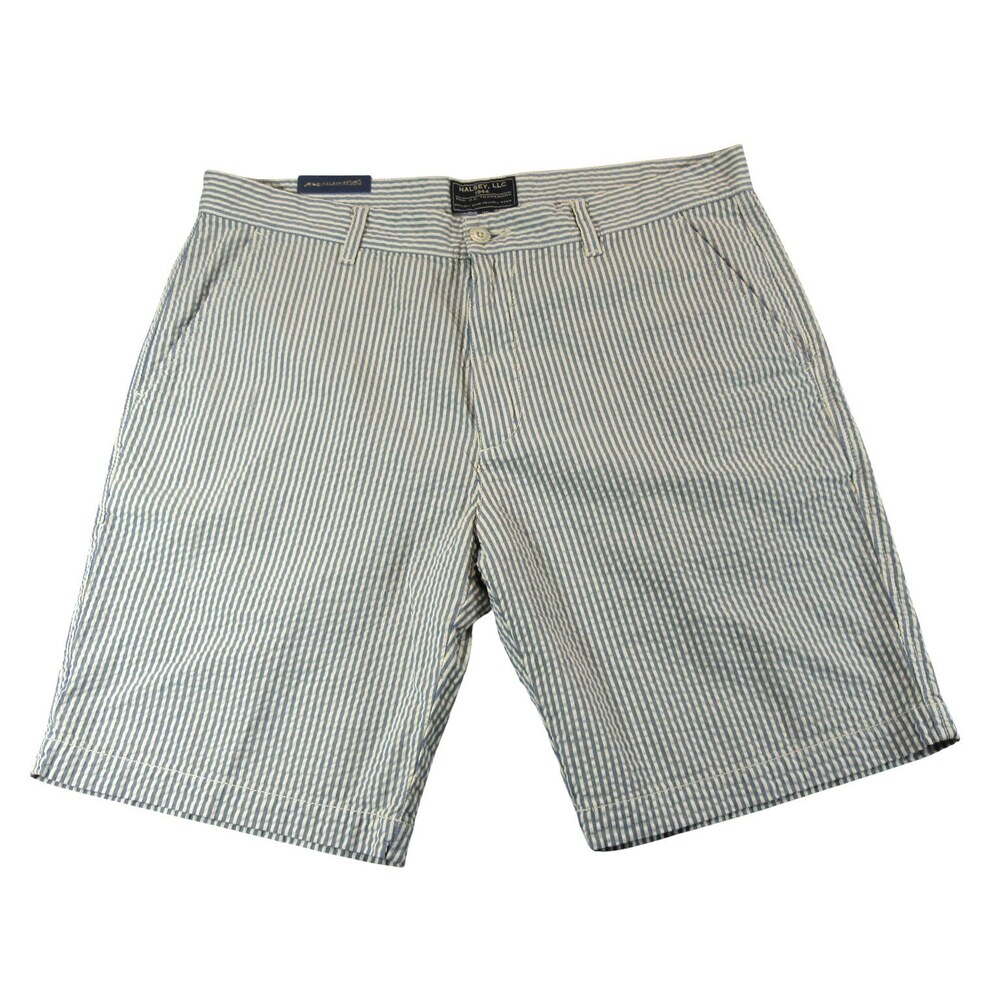New Halsey Mens Seersucker Shorts 36 x 9 Tan Blue Striped Flat Front Chino